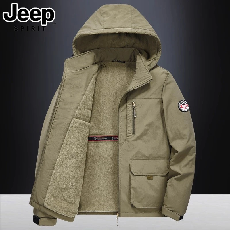 JEEPSPIRIT吉普加绒外套男士加厚秋冬款连帽保暖防风工装休闲夹克