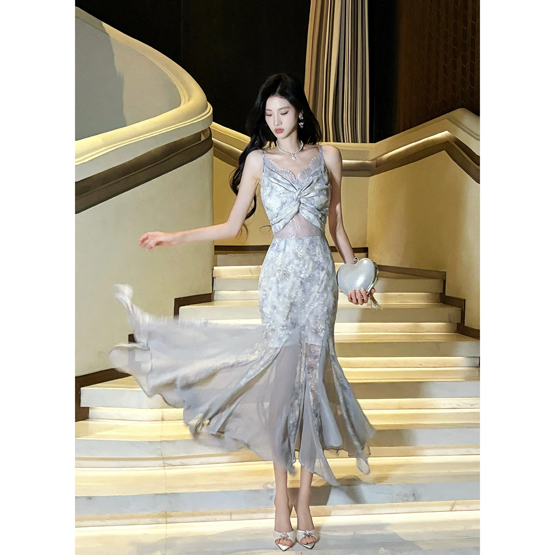 GJFDGood Job【听燕】法式蕾丝碎花紫色吊带连衣裙收腰度假鱼尾礼服