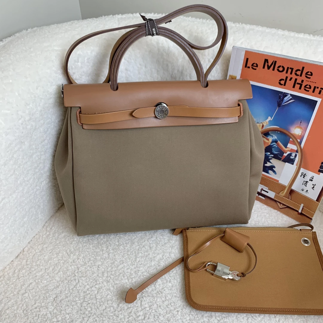 99新 Hermes/爱马仕 壹臻/ 大象灰帆布拼皮herbag31 u刻/93137038