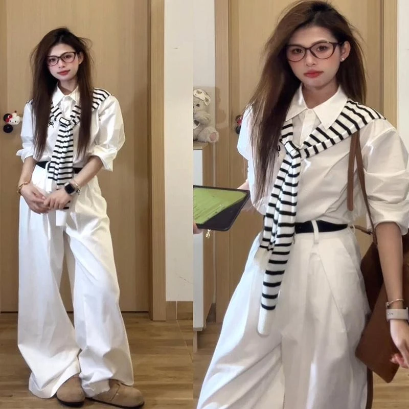 开春穿搭一整套御姐独特绝美套装女披肩长袖衬衫白色阔腿裤两件套