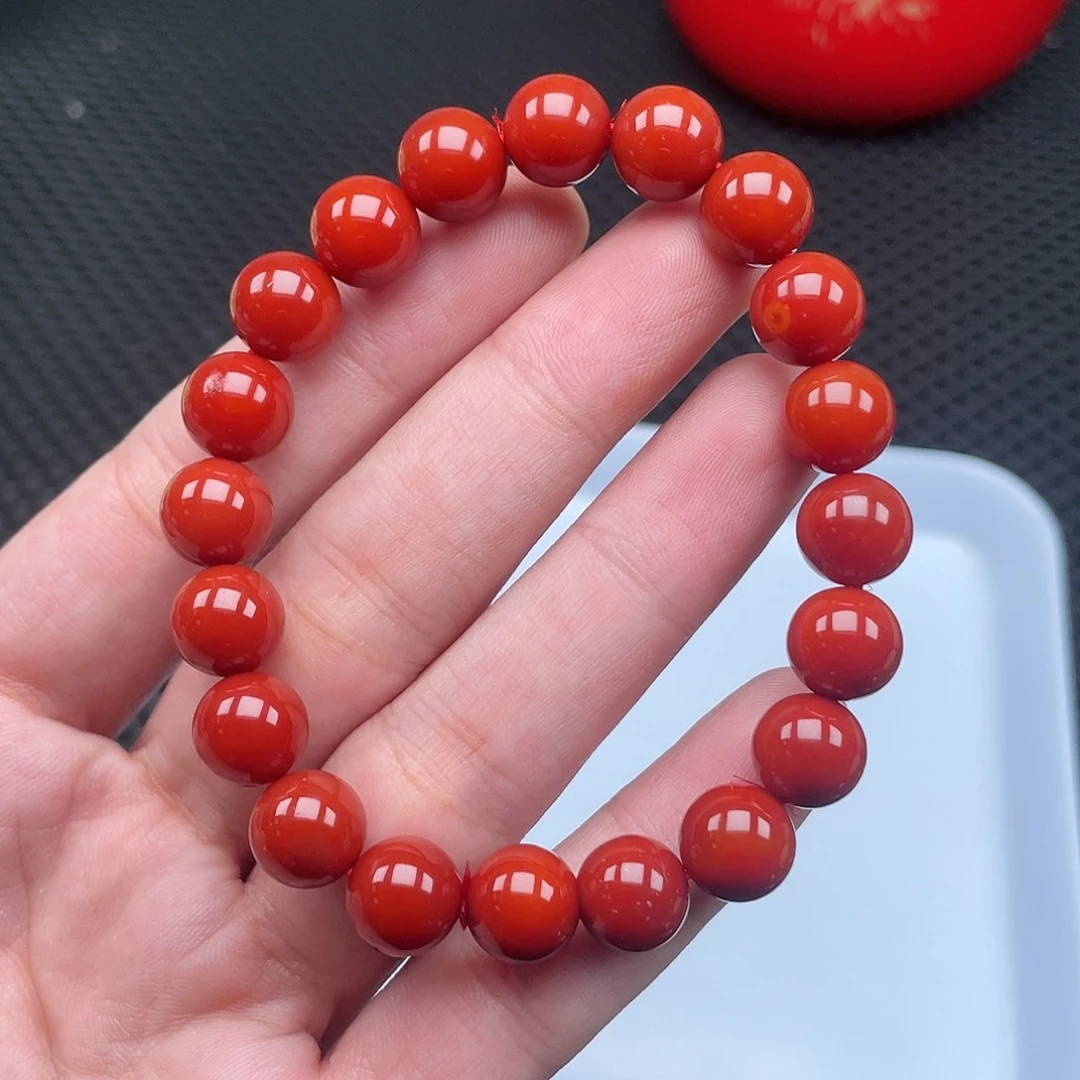 南红玛瑙10mm柿子红圆珠手链整串20颗未镶嵌