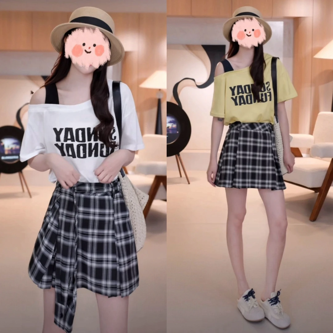 6619夏季韩版露肩字母印花短袖T恤上衣显瘦百搭格子半身裙套装女