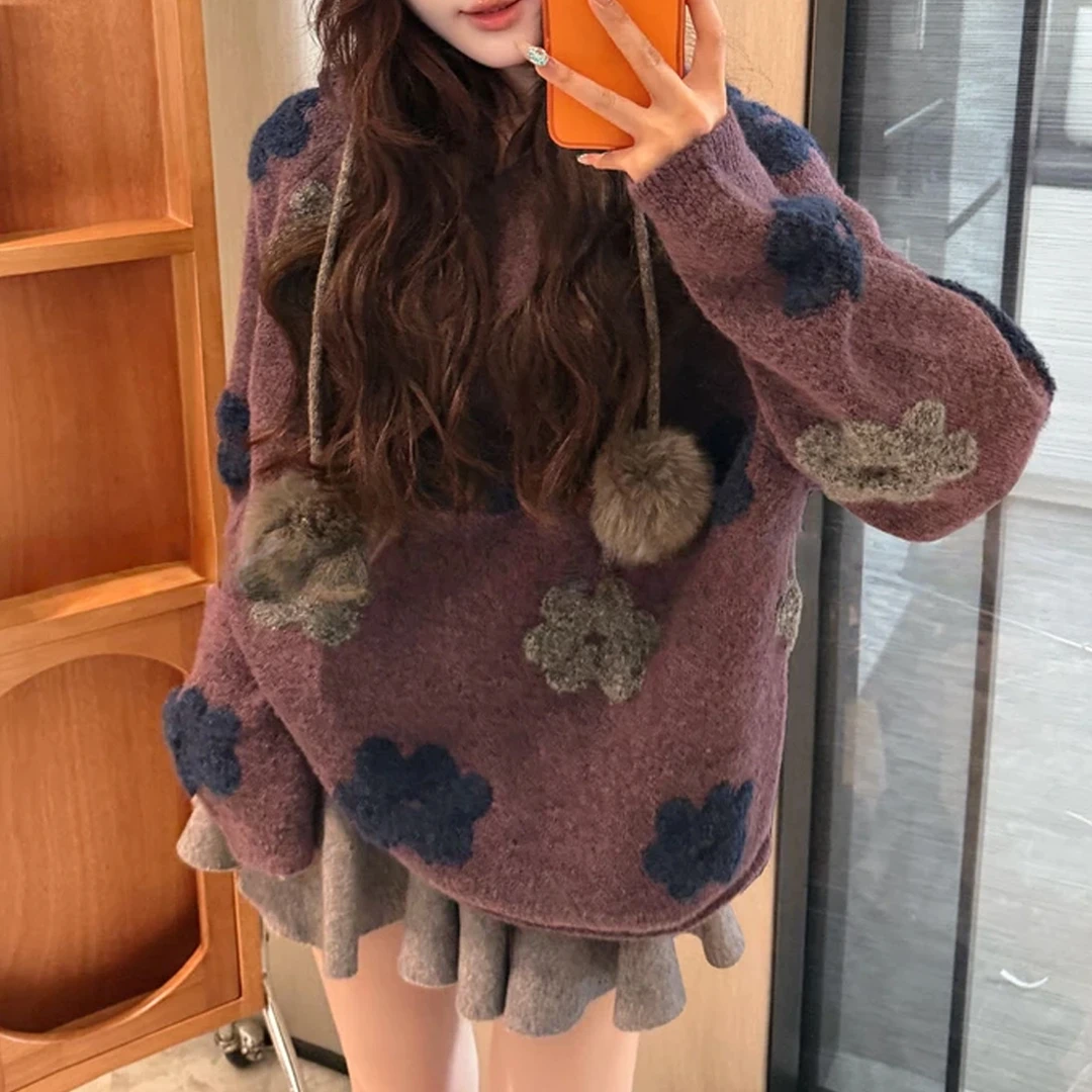 2026冬季慵懒风花朵提花连帽针织衣宽松版型质感柔软穿搭复古韵味