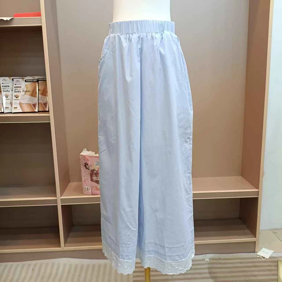 K7135 刺绣拼接夏季休闲裤蓝色百搭阔腿裤直筒裤休闲女裤