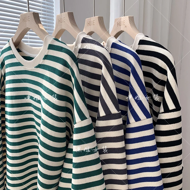 韩版撞色条纹卫衣女秋季新品百搭宽松慵懒显瘦遮肉套头外套M2268