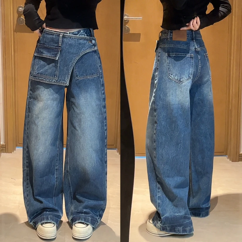 欧洲站秋季新款欧货时尚高腰显瘦百搭直筒屁帘阔腿牛仔裤女裤子宽