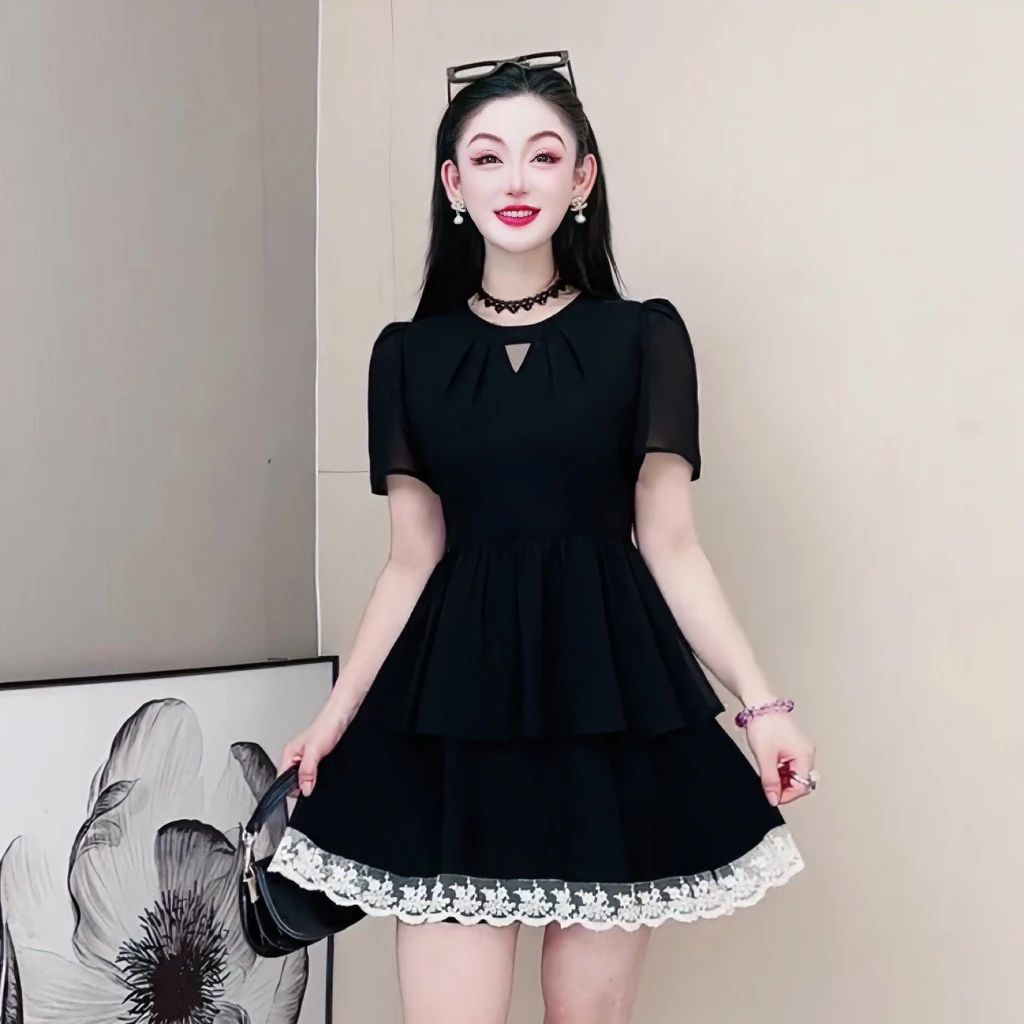 大码女装法式黑色连衣裙夏季新款气质收腰裙复古蛋糕公主裙子3621