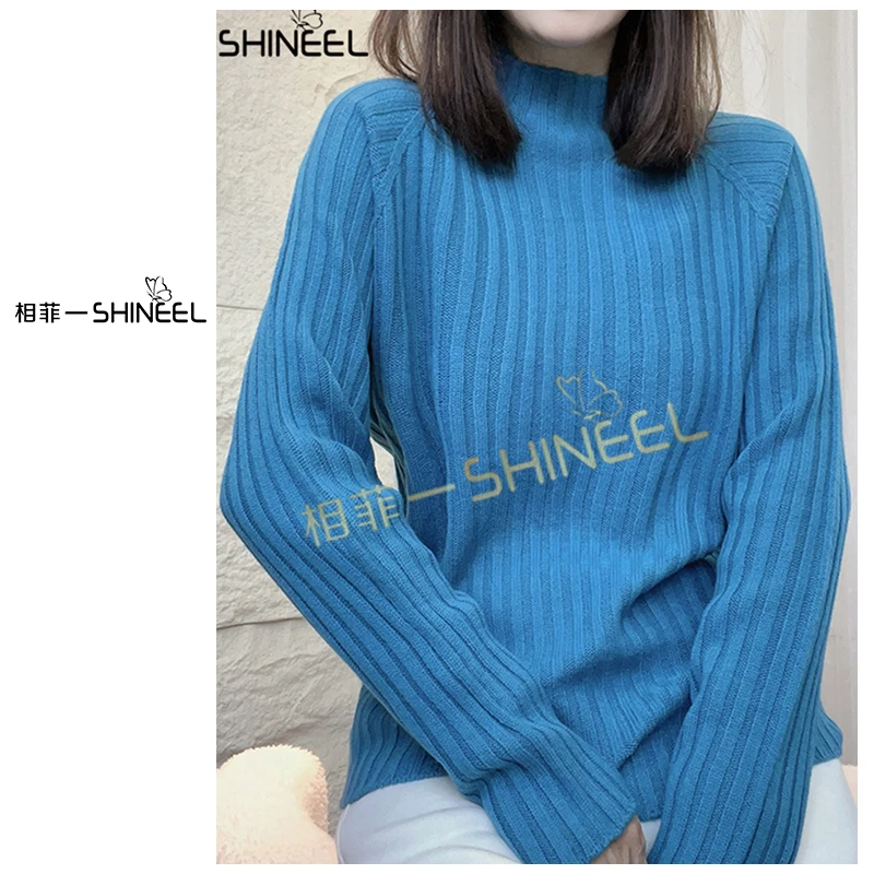 相菲一原创可机洗纯色一线成衣坑条半高领长袖打底毛针织衫