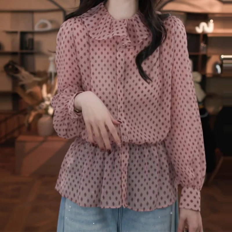 设计感荷叶领单排扣衬衫女2025冬季新款时尚气质洋气宽松显瘦上衣