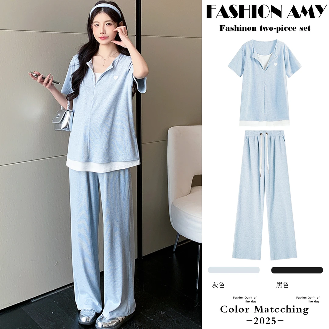 孕妇装夏季套装2025新款休闲显瘦短袖上衣裤子薄款孕妈高级穿搭女