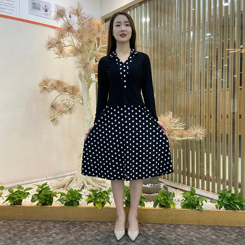 时尚假两件连衣裙2025春季秋款女洋气波点印花遮肉显瘦减龄连衣裙