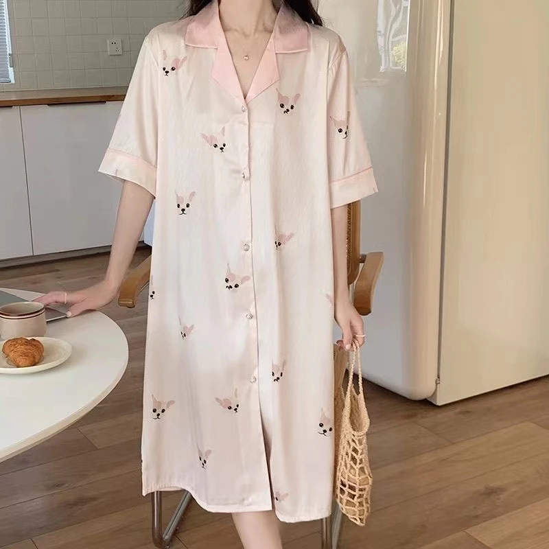 2025年睡衣女士可外穿夏季人字纹冰丝休闲风法斗犬衬衫睡裙家居服