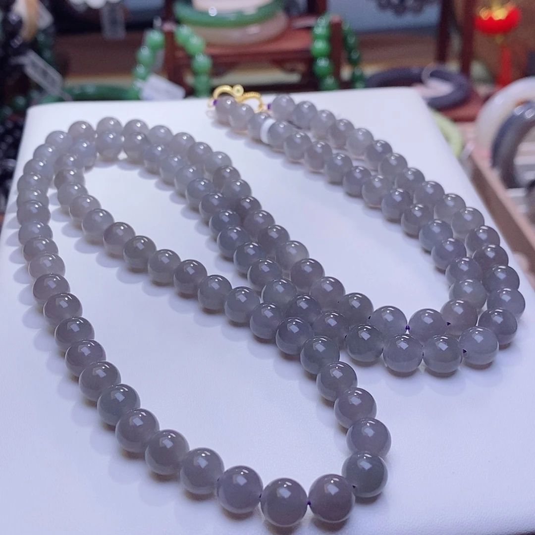 和田玉未镶嵌颈饰收藏级烟紫老矿料高冰葡萄紫珠链8m