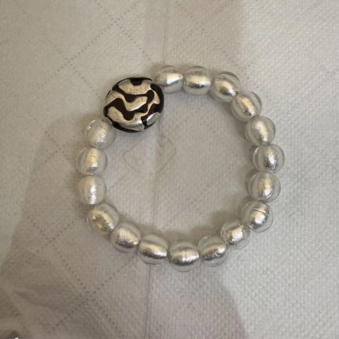 合金手链 LZ2715-1 黑色雕刻银箔圆饼白色银箔琉璃手串