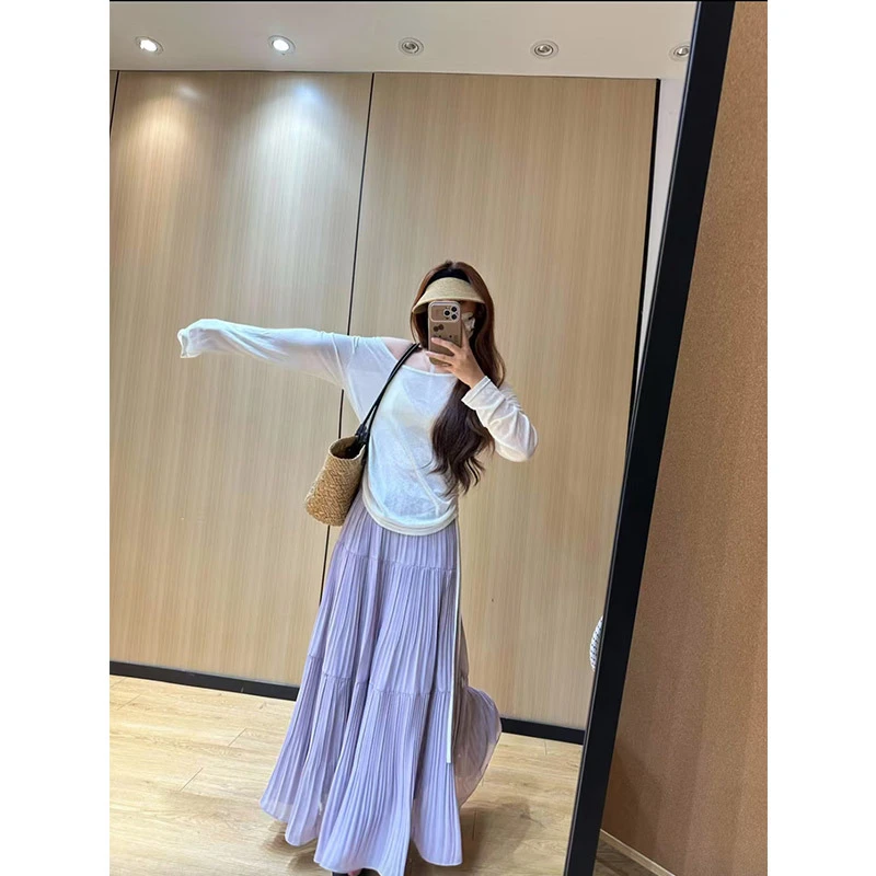 紫色半身裙女夏薄款2025新款蛋糕裙中长款仙女百褶裙a字大摆长裙