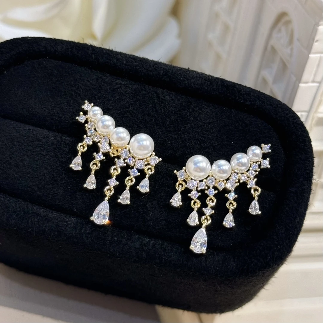 合金仿珍珠耳饰 杨杨babytime 璀璨流星 水滴锆石流苏仿珍珠耳钉