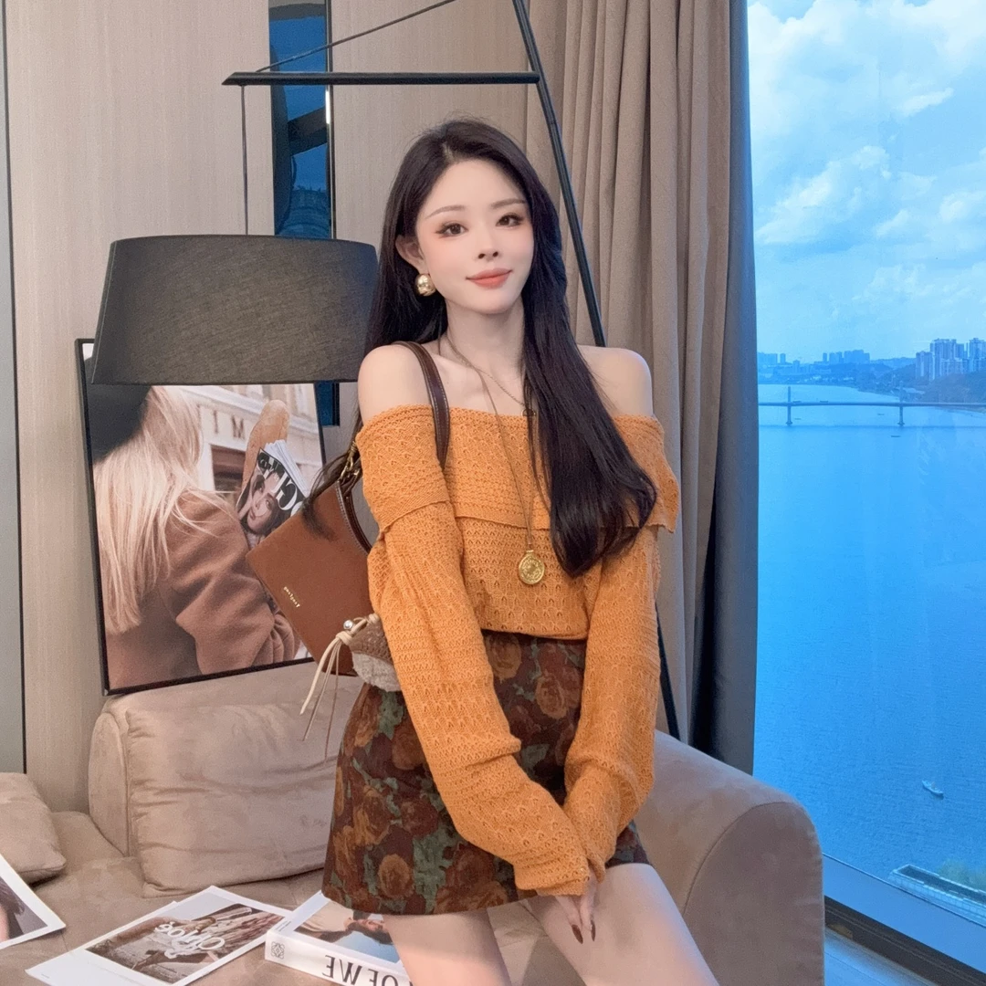 【晓溪服饰】一字领女直筒型薄款秋季长袖温柔百搭毛针织衫6556