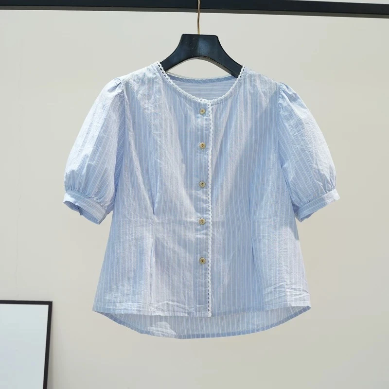 自留款推荐~浅蓝色竖条纹衬衫女短款衬衣2025夏季泡泡短袖上衣潮