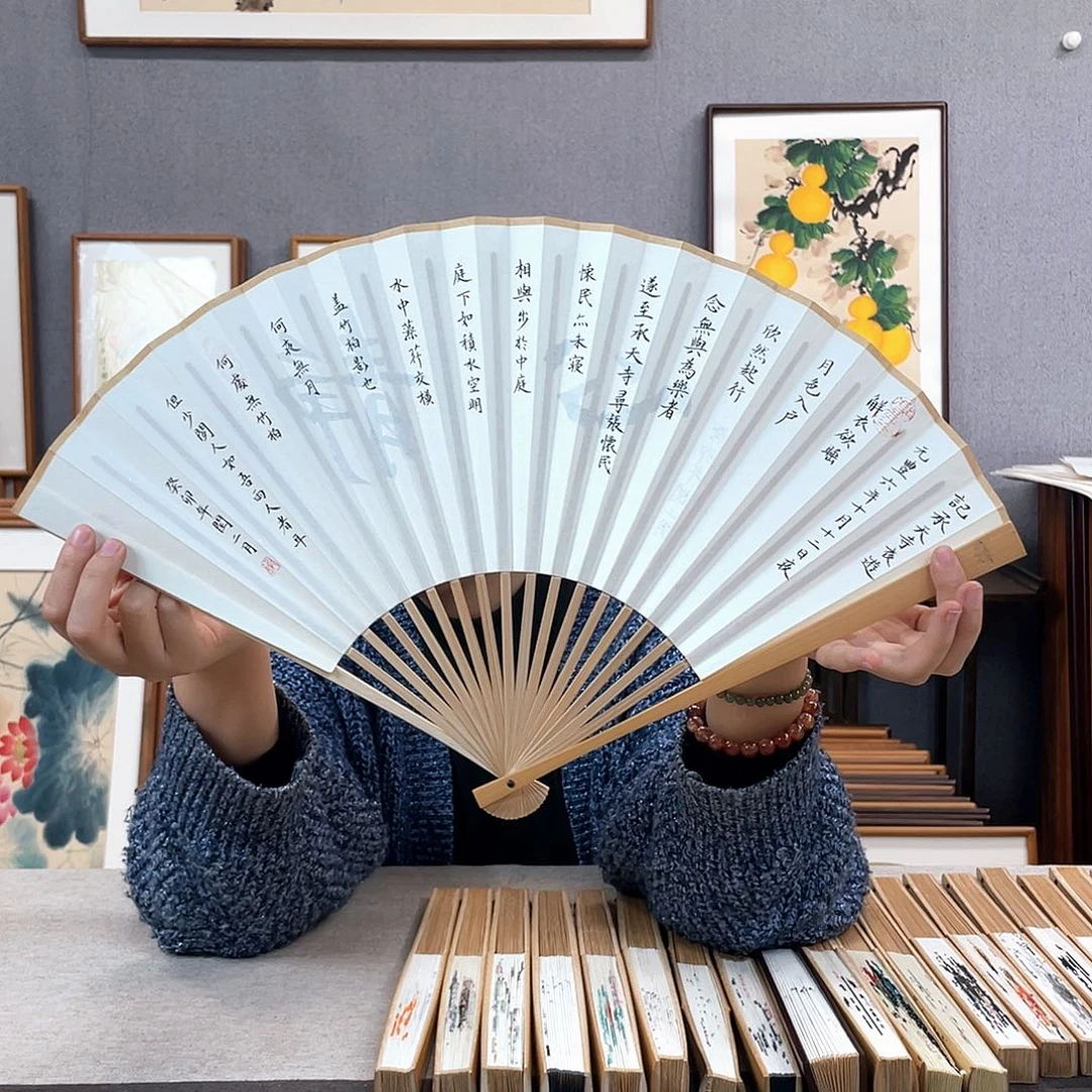 国画95寸玉竹-纯手绘-文玩扇骨（默认粘好）记承天寺夜游