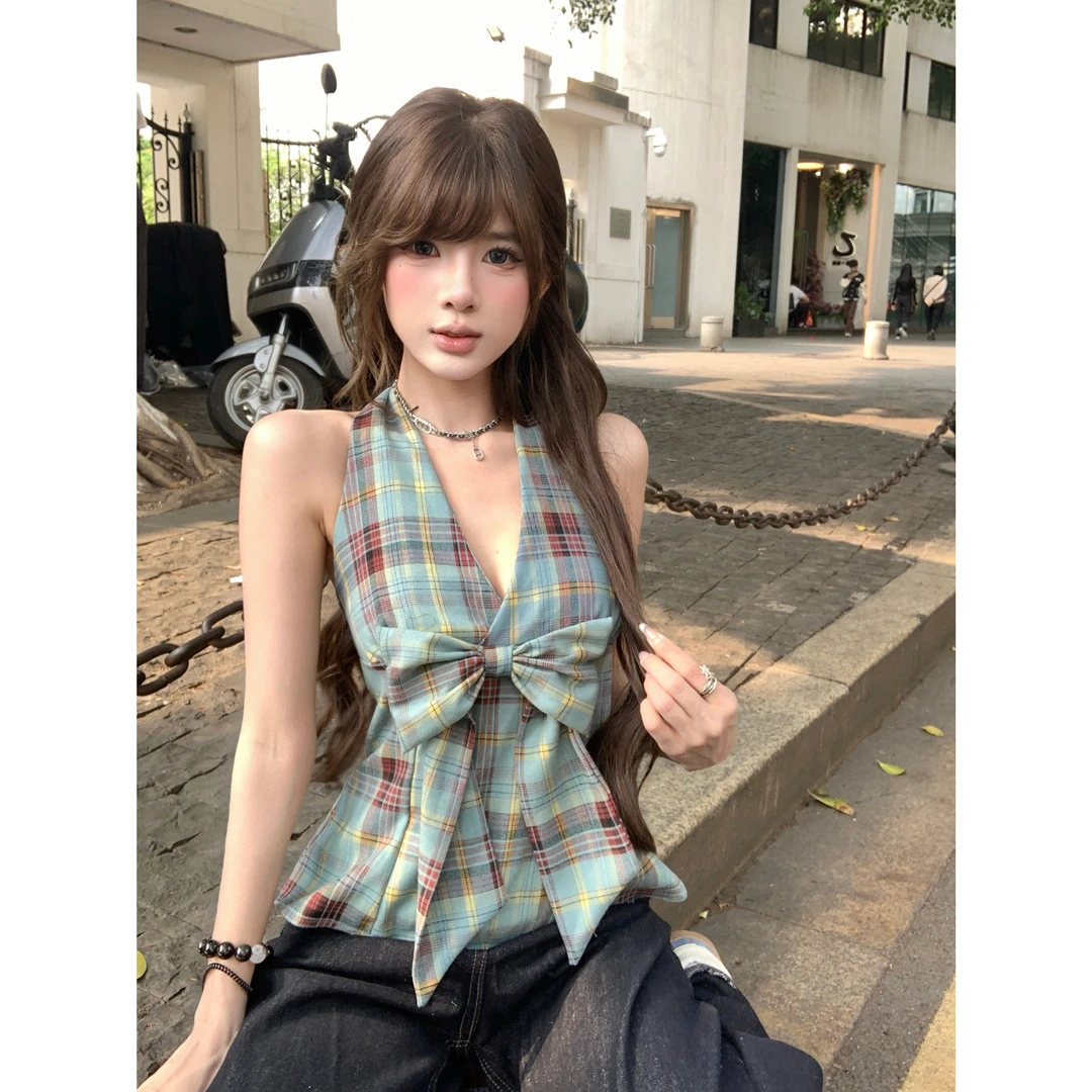 实拍现货 蝴蝶结格纹挂脖背心新款辣妹性感V领无袖收腰显瘦上衣女