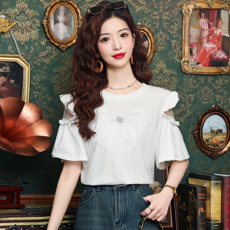 新款百搭夏季宽松时尚设计感小众洋气拼接绣花复古重工圆领珍珠蝴