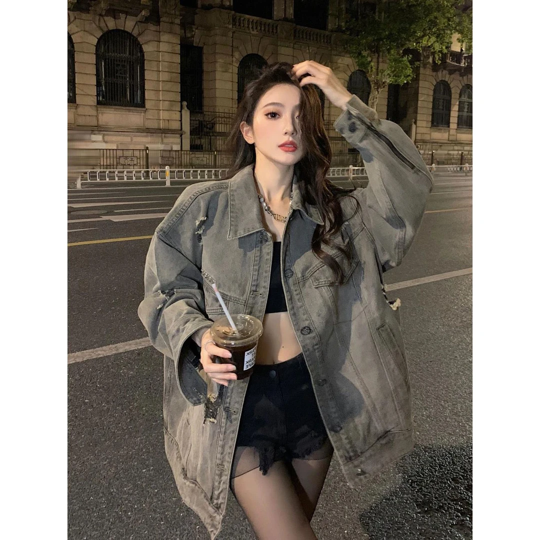美式复古牛仔夹克外套女秋季2025新款宽松百搭水洗破洞开衫上衣潮