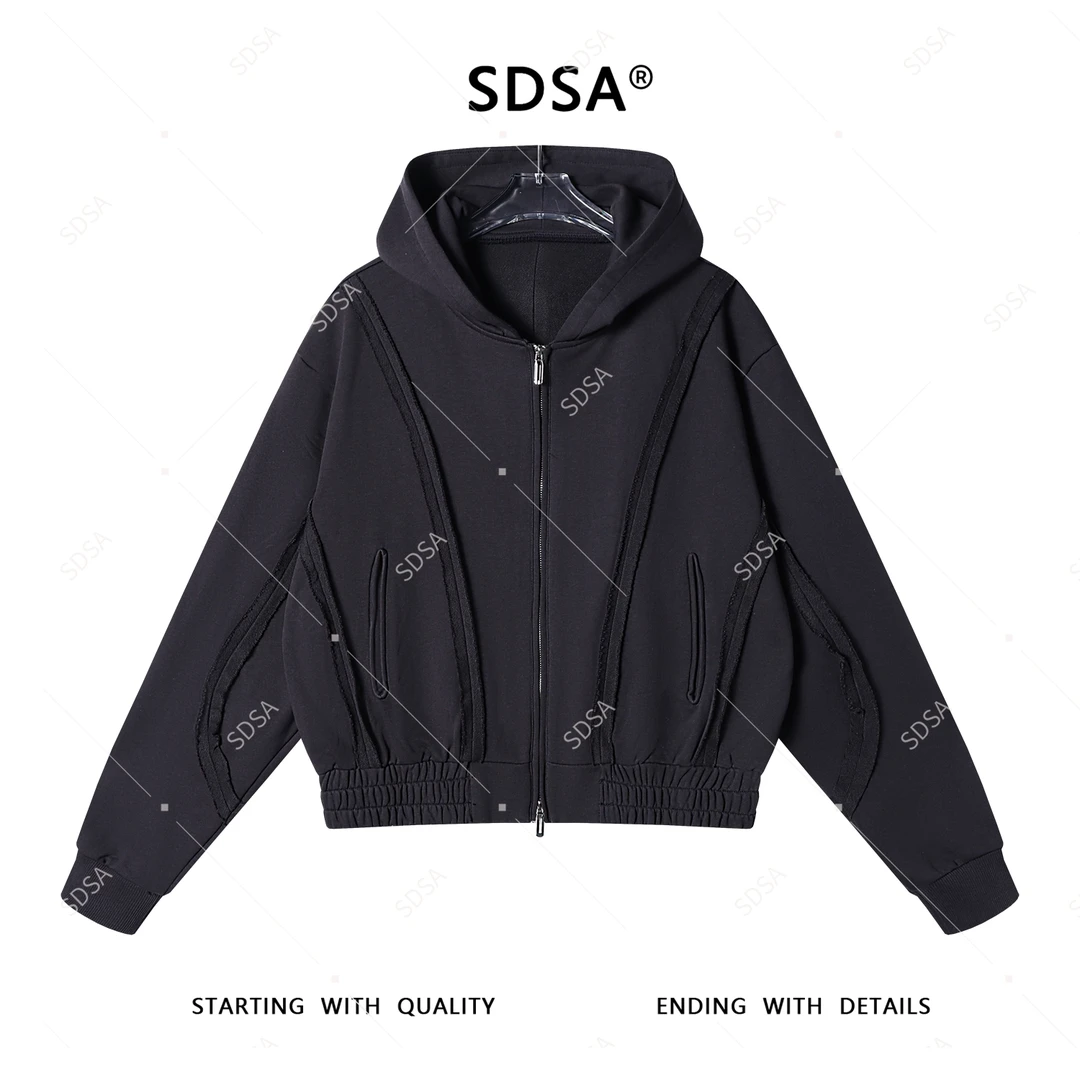 SDSA秋冬新款男士痞帅美式潮牌纯色裁剪拉链连帽卫衣外套高街百搭