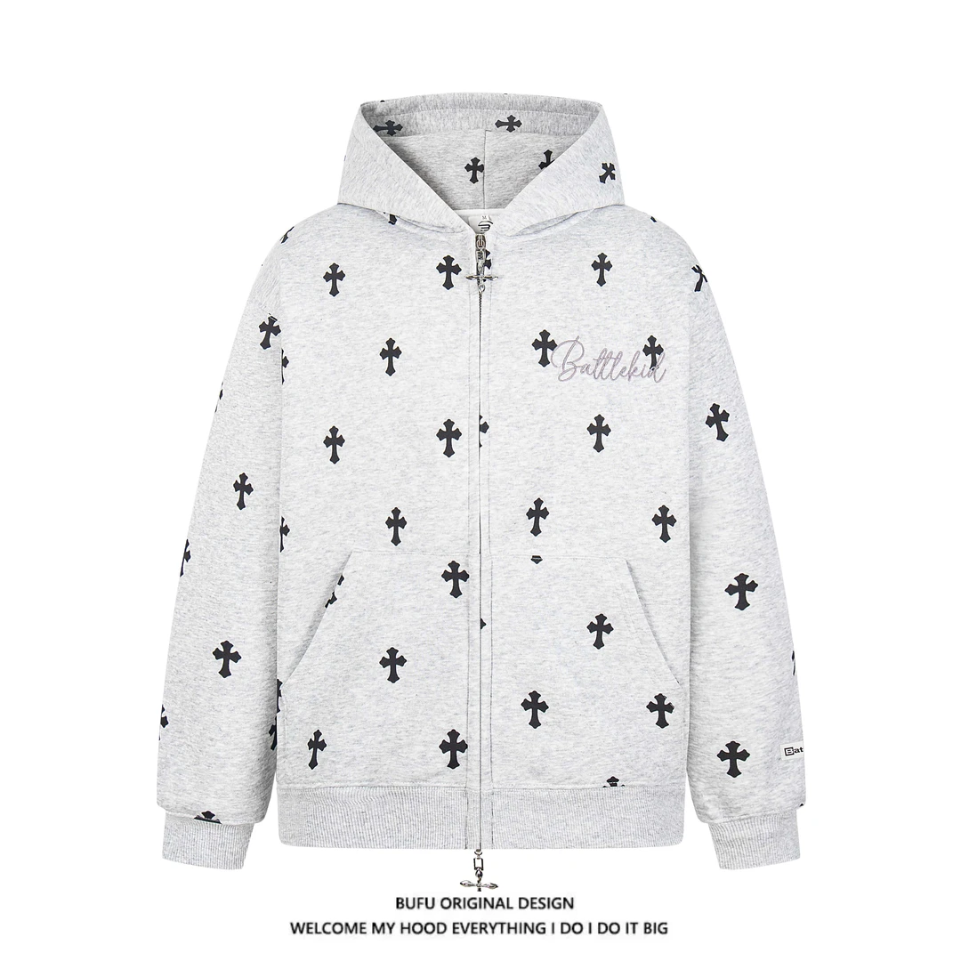 【官方店】亿万少年BUFU十字架卫衣开衫男女款美式潮牌连帽外套秋冬