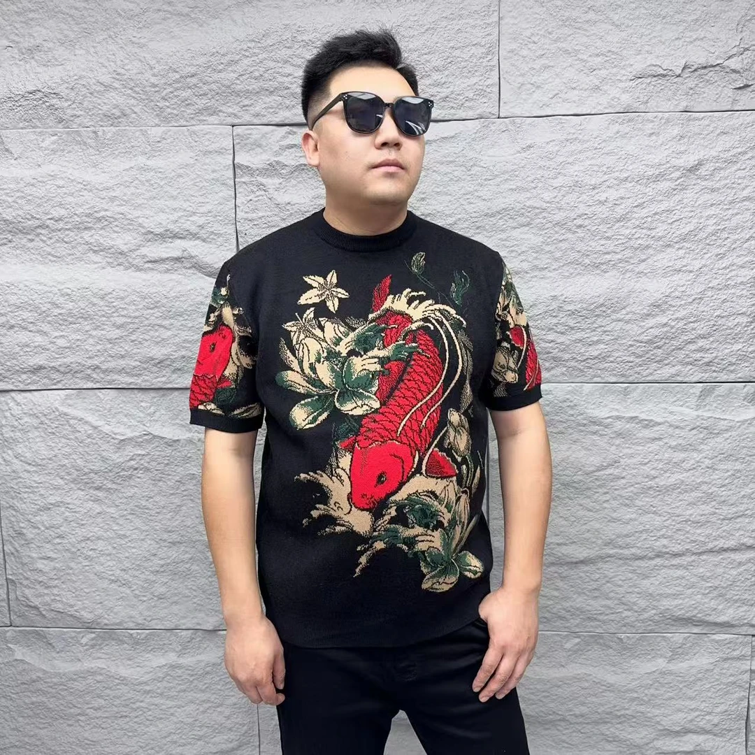 男士潮流针织短袖1295大鲤鱼重工提花圆领时尚轻奢秋冬百搭加厚款