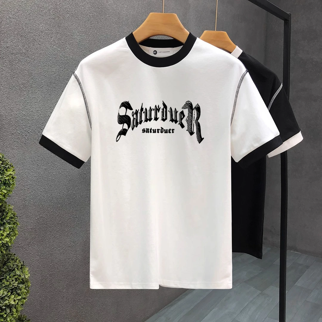 特大码300斤美式重磅字母印花短袖t恤男士夏新款异色反车线半袖衫