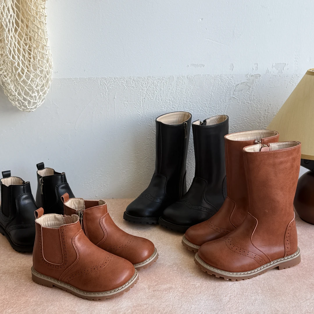 <新升级更耐穿>  儿童马丁靴秋冬复古雕花皮靴男童中筒草原骑士靴