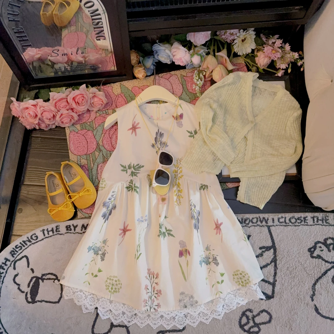 【现货】法式2025夏季女童碎花背心吊带度假套装针织防晒开衫两件套