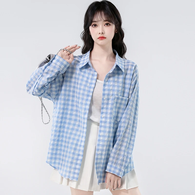 韩系宽松格子防晒衬衫薄款女夏季2025新款长袖衬衣吊带背心两件套