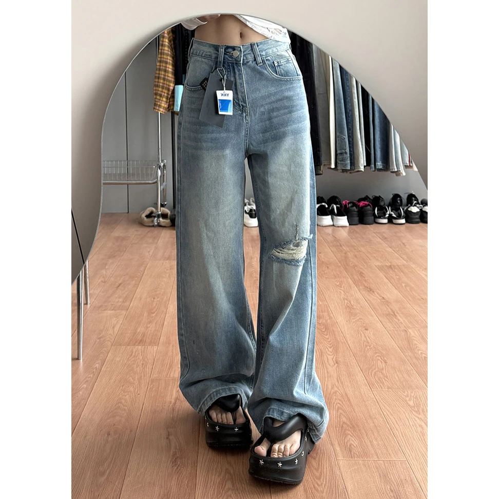 2026春款破洞设计感直筒百搭新款复古低腰宽松显瘦牛仔裤女Y5023