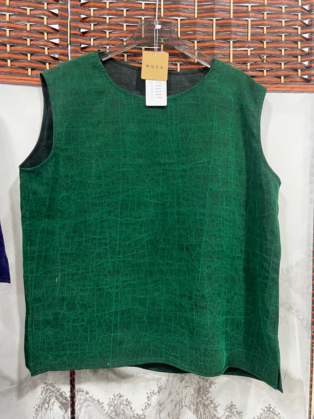重磅圆领绿龟裂纹上衣香云纱背心【100%桑蚕丝】C113