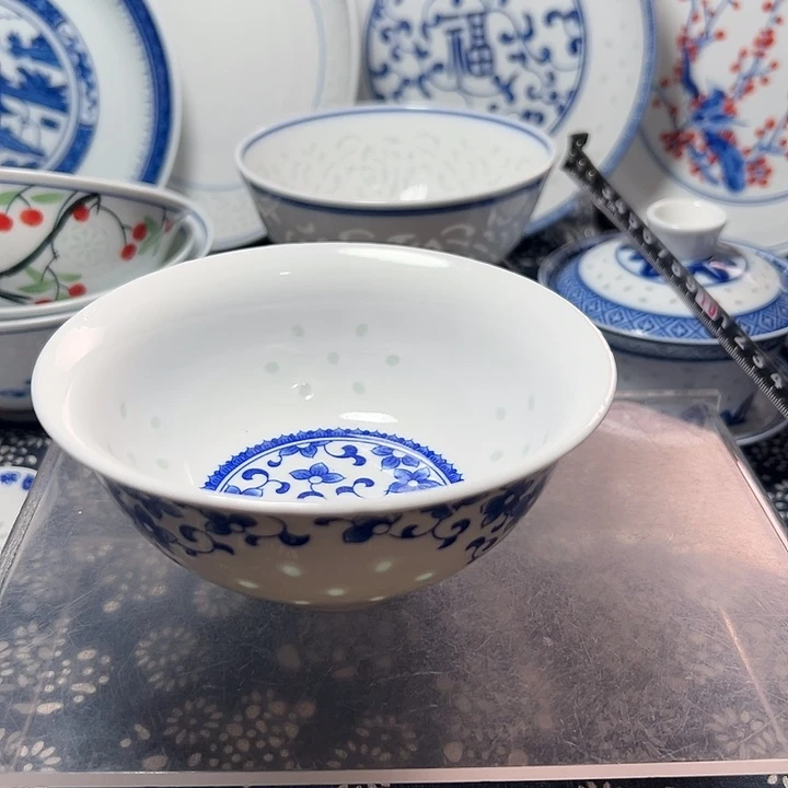 青花玲珑5寸紫荆花饭碗无边