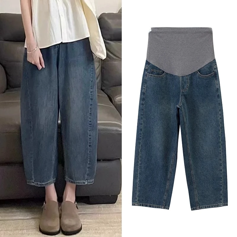 孕妇牛仔裤春秋九分香蕉裤秋冬加绒宽松遮肉小个子托腹显瘦阔腿裤