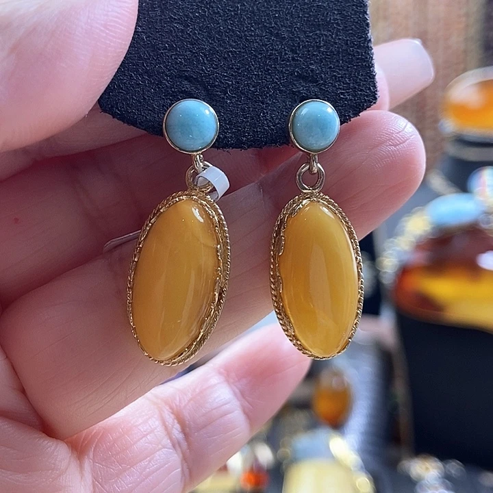 琥珀银S925镶嵌耳饰耳环