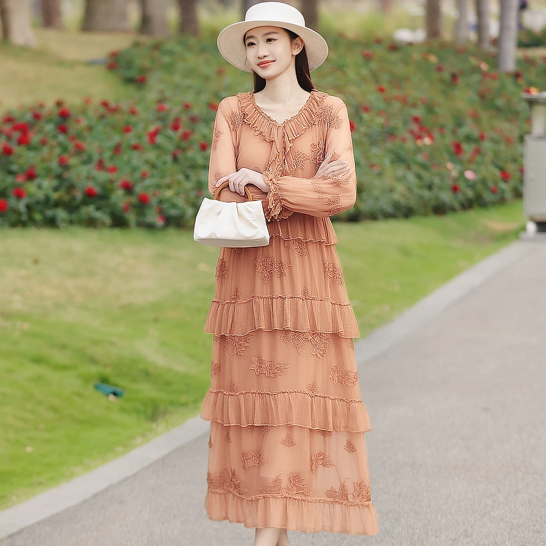 拜占庭的森林真丝桑蚕丝层层蛋糕裙女大码显瘦遮肚中长款沙滩裙子
