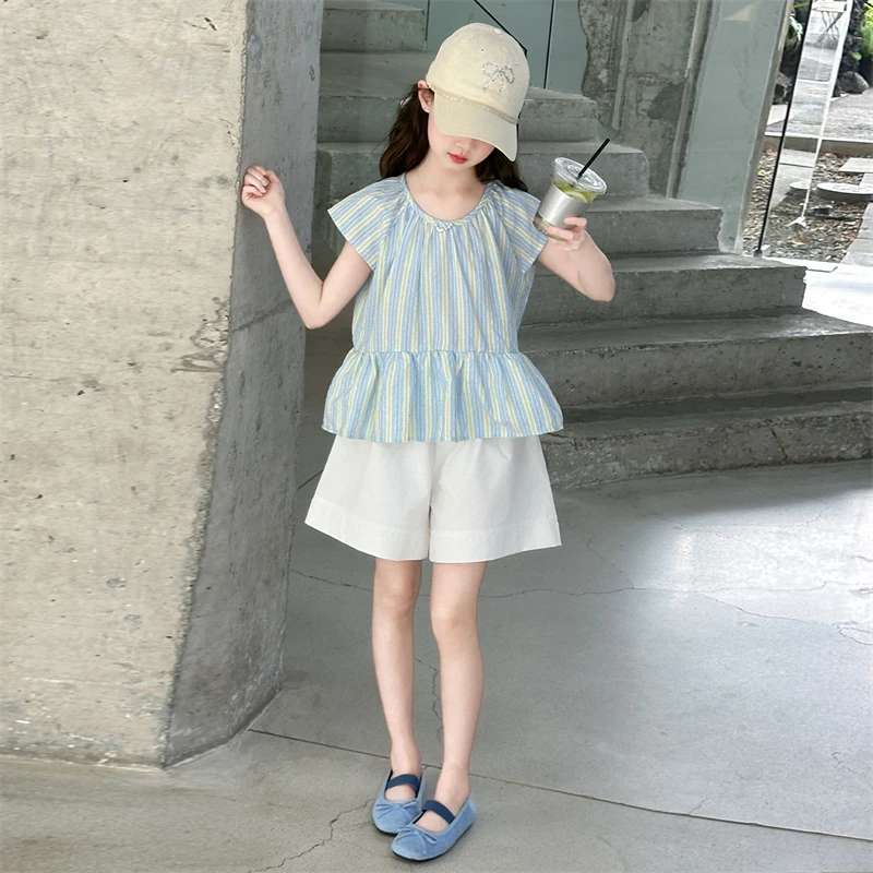 女童夏季套装2025新款洋气薄款超好看飞袖夏装大童娃娃衫两件套潮