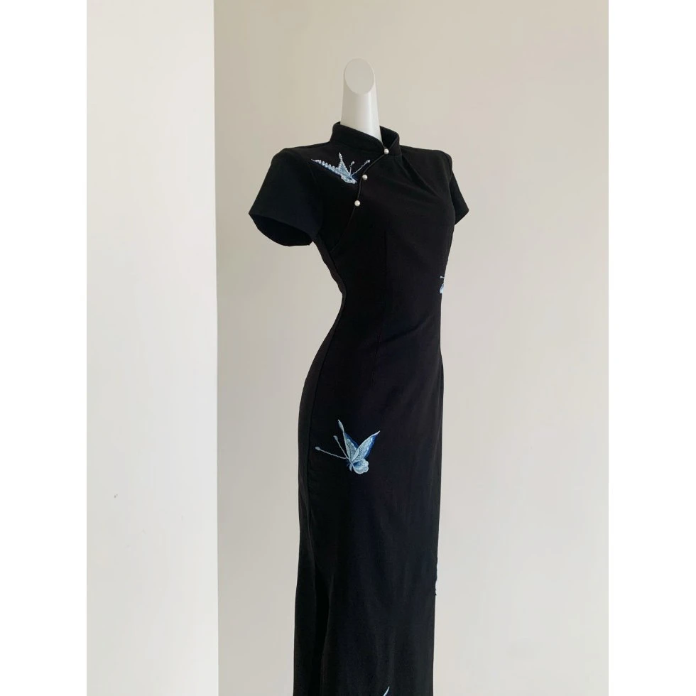 【蝶语4.0】新中式国风蝴蝶刺绣修身气质开叉黑色连衣裙年轻版