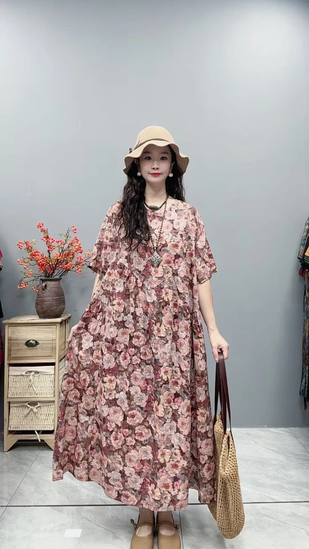 5306夏季新款清凉气质时尚复古遮肚宽松女显瘦百搭圆领休闲连衣裙