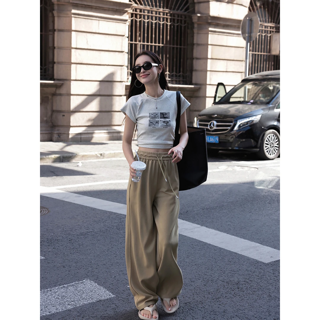 张贝贝ibell【省钱风】高腰空气裤女 针织 宽松百搭阔腿休闲裤薄