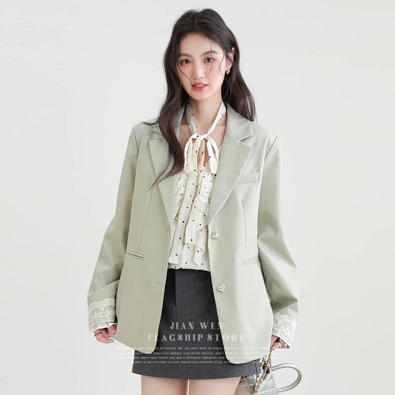 绿色西装外套女2025春秋新款高级感宽松蕾丝拼接休闲小西服上衣潮