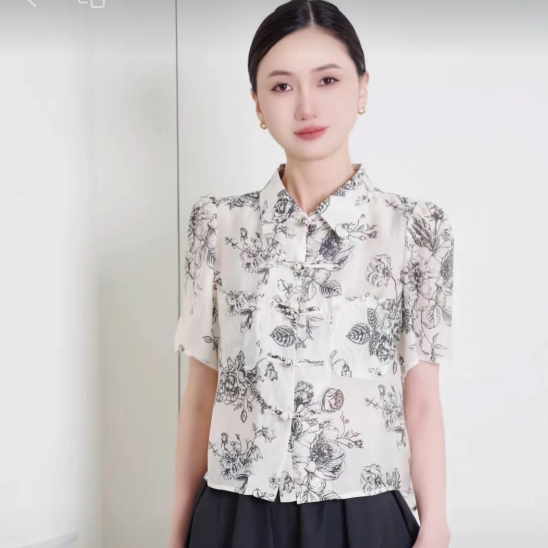 MASIENDI/玛丝恩迪翻领复古国风浪漫印花小众气质衬衫衬衣31546