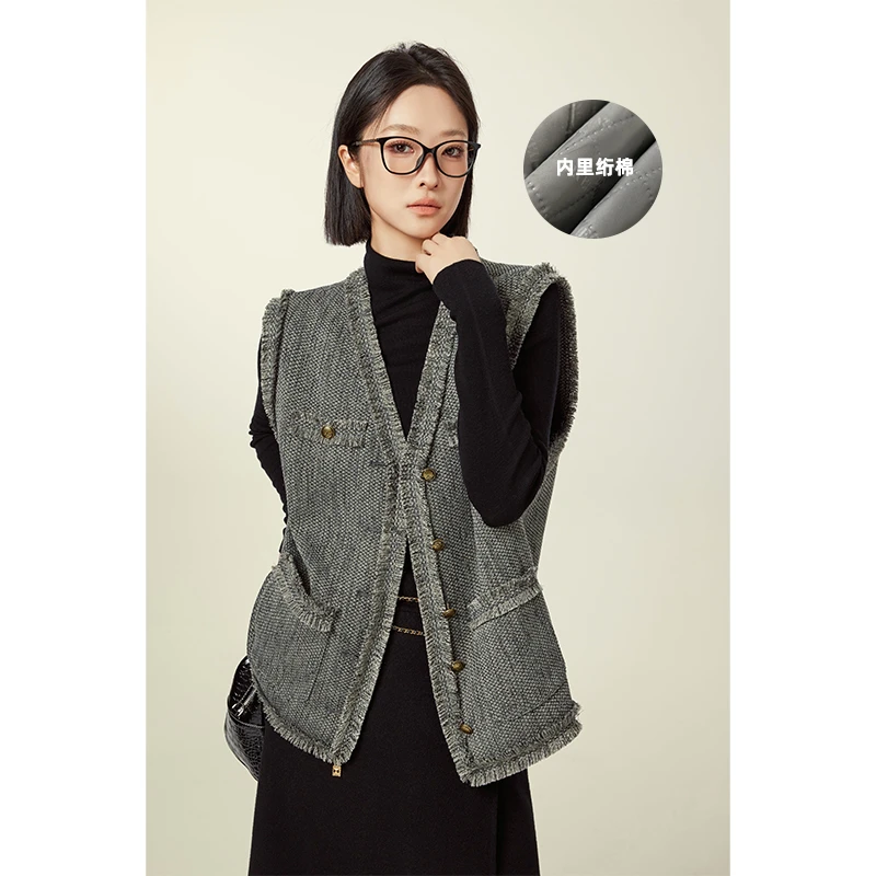 美洋MEIYANG 银桦小香马甲 粗花呢绗棉保暖毛须边V领无袖百搭马夹