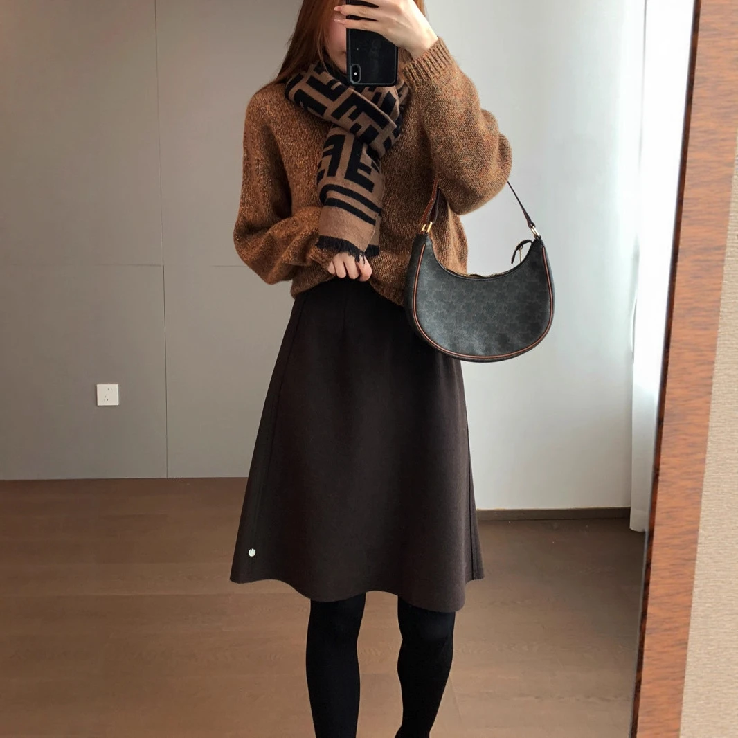 石墨烯羊毛醋酸柔软厚实微A字版利落松紧腰褶裥加绒中裙G121202