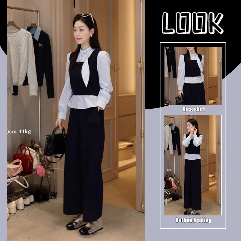 初春穿搭套装女装超好看设计感假两件拼接衬衫高腰阔腿裤两件套潮