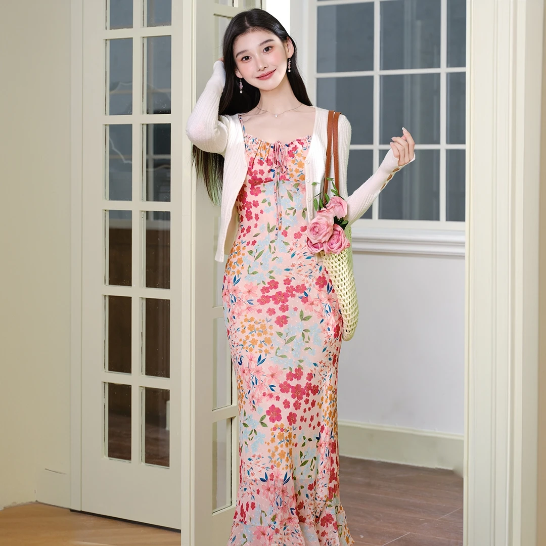 法式植物印花斜裁吊带碎花裙温柔度假风精致绝美鱼尾连衣裙922