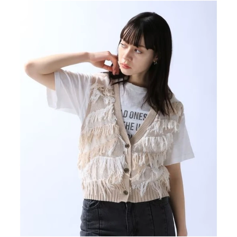 【强哥外贸】 夏季新款 J 复古针织棉纱流苏提花马甲背心
